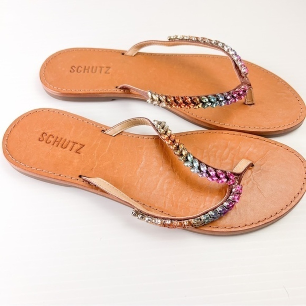 Schutz Belle Nappa Leather Crystal-Embellished Thong Sandal womens size 8.5 - Picture 3 of 8